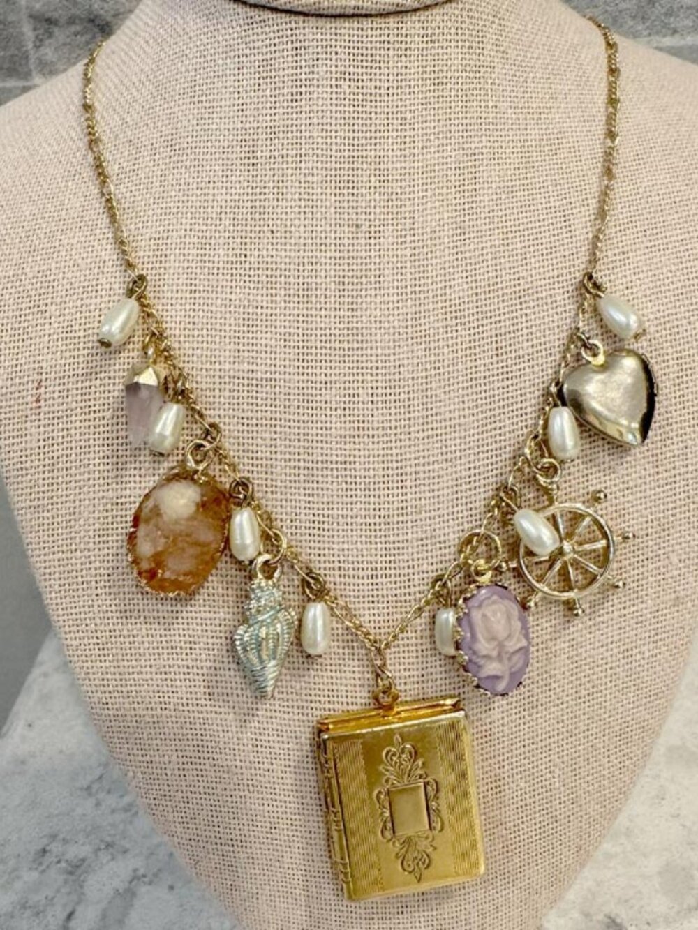 Handmade Gold Book Locket Charm Necklace Seed Pearls Colored Stones Heart 19"